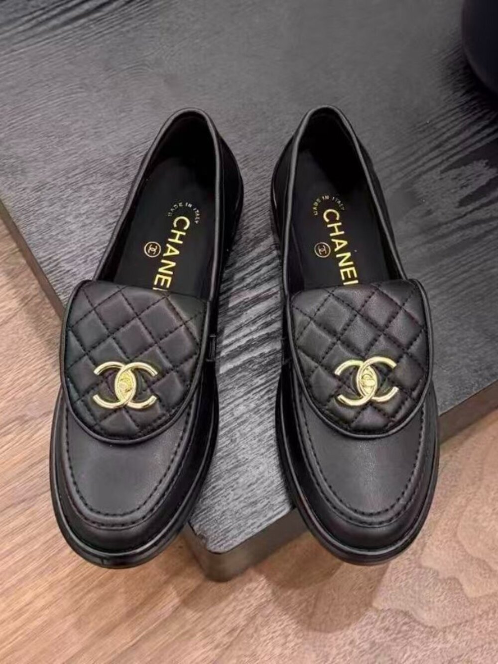 Chanel Classic Black Quilted CC Turnlock Leather Loafers Size 36